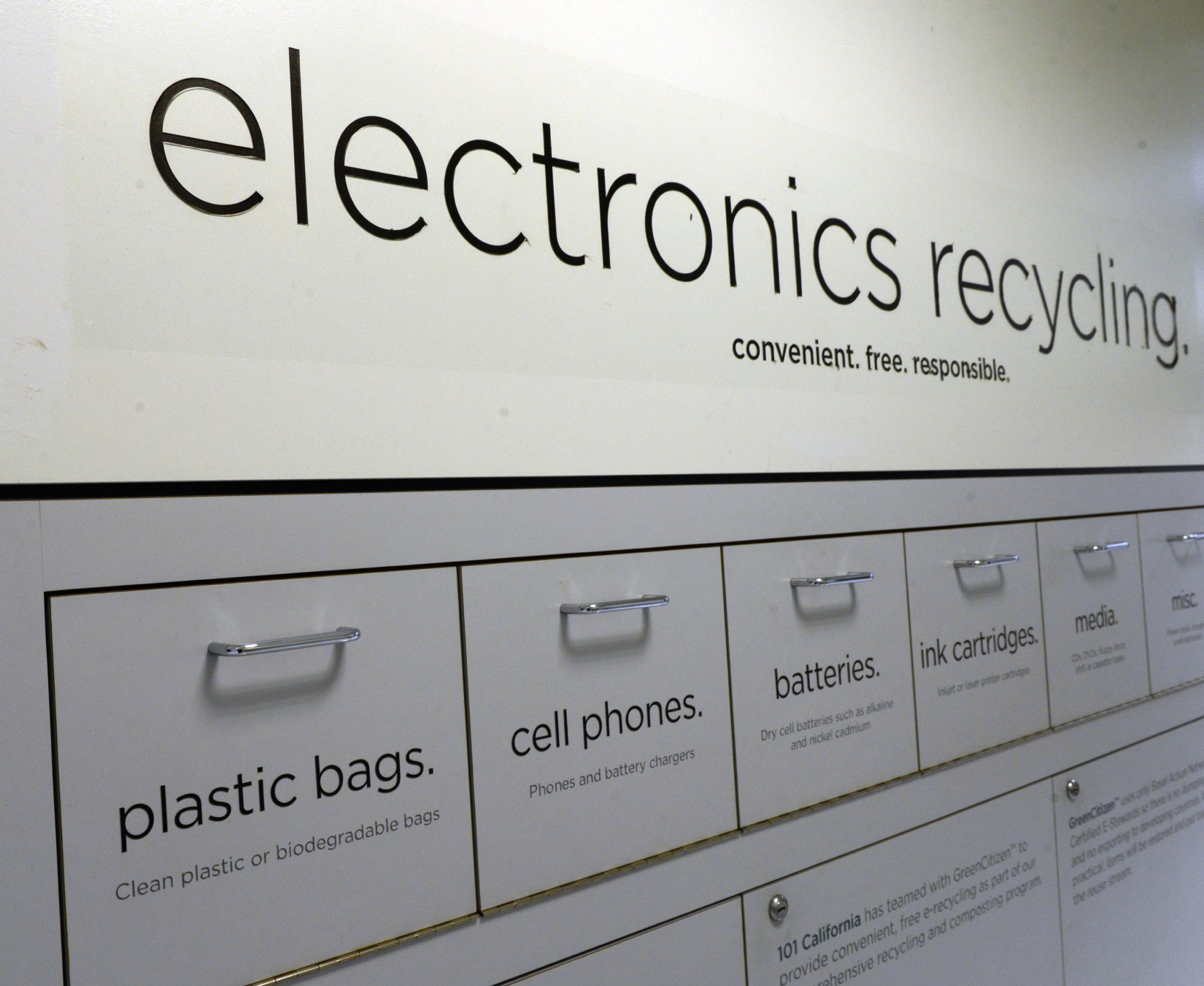 Electronics Recycling station with labeled bins