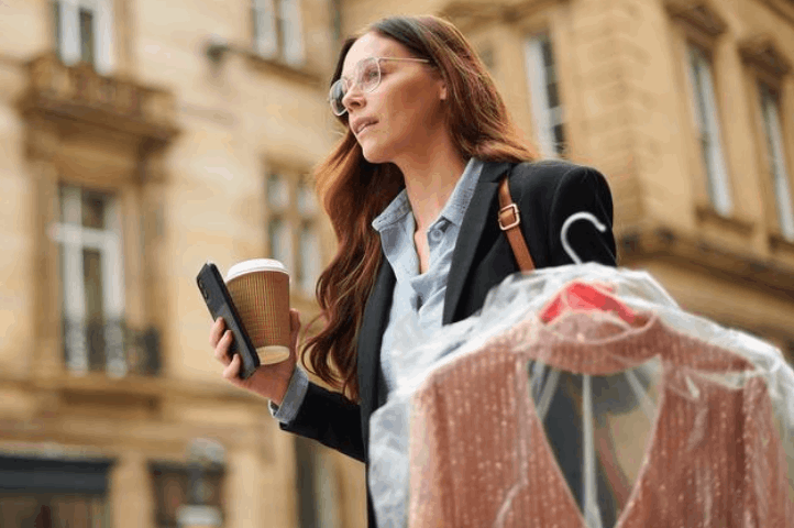 woman holding dry cleaning